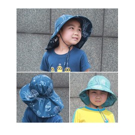 WANYING Kinder Jungen Mädchen Safari Kappe UPF 50+ mit 8 cm große Krempe und Nackenschutz Sonnenschutzhaube UV-Schutz für im Freien Camping - Meereswelt Muschelschale Muster Navy