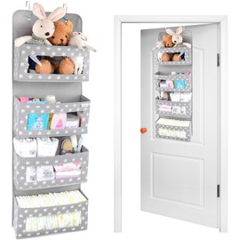 Vesta Baby Nursery Over Door Hanging Organizer with Metal Hooks | 4 Large Clear Window Pocket Storage for Kids Room, Bathroom, Closet | Gray Star Fabric Caddy for Diapers, Toys, Cosmetics, Clothes