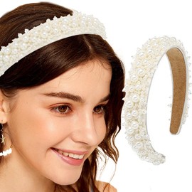 Sinalty White Pearl Wide Headbands Crystal Beads Hairband Bride Wedding Hair Accessories for Women and Girls