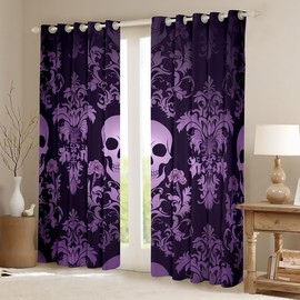 Salmon Violet Damask Curtains & Drapes Antique Victorian Baroque Blackout Curtains 2 Panels 42"Wx84"L,Vintage Floral Window Curtains Exotic Sugar Skull Gothic Bone Skeleton Bohemian Decor,Dark Purple