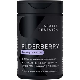 Sports Research Elderberry with Zinc, Vitamin C + D3 (5000IU) - Non-GMO Verified, Gluten Free - 60 Veggie Capsules