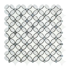 Carrara White Italian (Bianco Carrara) Marble Florida Flower Mosaic Tile with Blue & Gray Marble Dots, Polished