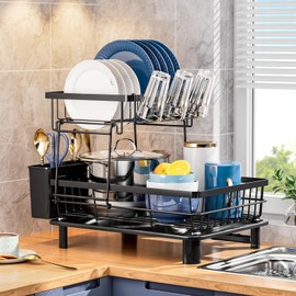 GAOKASE 2 Tiers Dish Drying Rack, Space-Saving Dish Racks for Kitchen Counter, Dish Drainer Drying Rack with Drainboard, Utensil Holder Cups Holder Plate Rack and Automatic Drainage Drainboard, Black