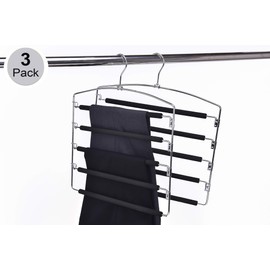 3 Quality Multi Pants Hangers, Real Heavy Duty, Space-Saving Multi-Bar Metal Hangers, Stable with Non-Slip Foam Padding, Swivel Hook for 5 Jeans Each, Suit Pants, Scarves, Towels, Trousers (Pants, 3)