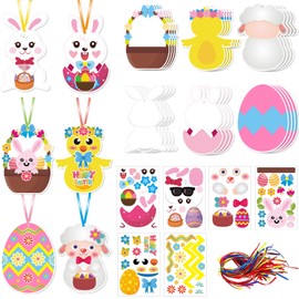 Plusupon 72 PCS Easter Crafts for Kids, Easter Craft Cards Stickers Hanging Ribbon, Creative Easter Paper Craft Set for Kids Easter Party Decorations