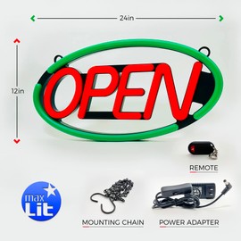 MaxLit- Oval Shaped LED Tube Neon Open Sign -Large Size -24'' X 12'' (Green/Red)