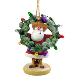 Cast Resin Santa Claus with Wreath and Christmas Lights Hanging Christmas Tree Ornament, 3 1/4 Inch