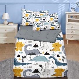 Nesker Zipper Bedding Twin Cute Dinosaur Zip Up Bedding Set for Boys and Kids, Blue Grey Yellow Dino 3 Pcs Comforter Bed in a Bag with Fitted Sheet and 2 Pcs Pillowcases