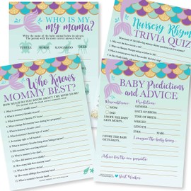 50 juegos de sirena Baby Shower para niñas – 4 juegos de doble cara, quién sabe mamá mejor juego de baby shower, juego de nombres de animales del bebé, canción de la guardería Baby Shower, tarjetas de predicción y consejo para bebés