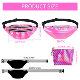 Holographic Waist Bag, Fashion Bum Bags with Coin Purse 3 Zip Pockets Waterproof Fanny Pack for Women Men Travel Hiking (Rose)