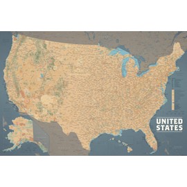 USA United States Decorative Wall Map 24x36 Poster (Tan & Slate Blue)