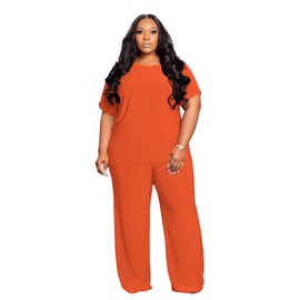 Tycorwd Women's Plus Size Two Piece Outfits Sweatsuits Sets Sexy Backless Short Sleeve Tops Wide Leg Pants Tracksuit Sets Orange 5XL