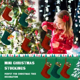 Pack of 12 Mini Knit Christmas Stockings 6 Inch Knitted Xmas Stockings Family Stockings Holiday Hanging Stockings Cable Knitted Stocking Gifts Decorations for Fireplace Tree Decor (Burgundy and Green)