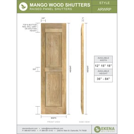 15"W x 43"H Americraft Two Equal Raised Panel Exterior Real Wood Shutters (Per Pair), Unfinished