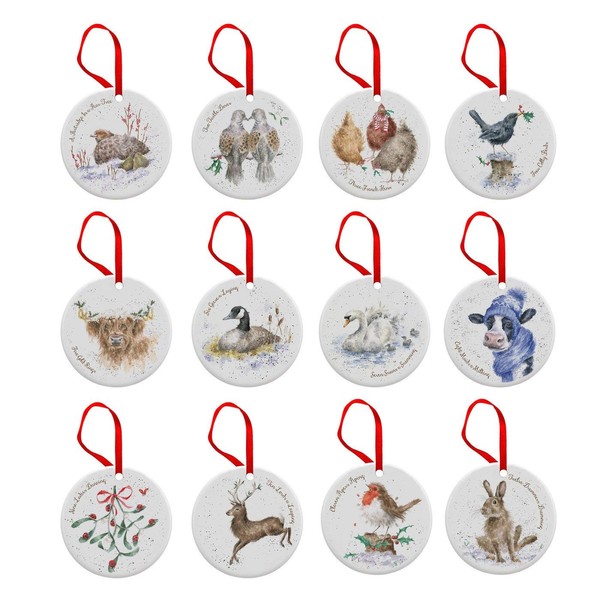 Portmeirion Home & Gifts WN4023-XG Wrendale 12 Days of Christmas Decorations, Bone China, Multi Coloured, 0.5 x 7 x 7 cm