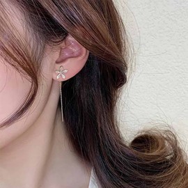 Allereya Vintage Crystal Flower Threader Earrings Rhinestone Flower Stud Earrings Long Chain Tassel Dangle Earrings Gold Bar Pull Through Earrings Jewellery for Women and Girls