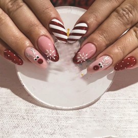 24Pcs Cute Christmas Deer Press on Nails Sparkly Red French Tips Acrylic Fake Medium Oval Nails Snowflake Stick on Nails Glossy Curve Line False Nails Xmas Elk Gel Glue on Nail for New Year Gift Women
