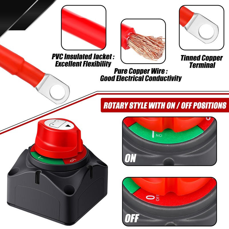 Datanly Battery Disconnect Switch 12v-48v with 2 Awg 12 Inch