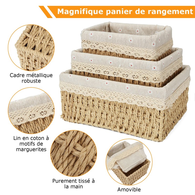 GOYADA Pack of 3 Wicker Rectangular Woven Basket with Yellow