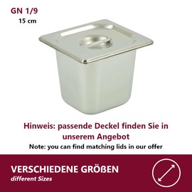 HOOZ GN Container 1/9 Stainless Steel, 150 mm Height, Food Safe Gastronorm Container Made of Stainless Steel, Draining or as a Cooking Insert, Heat Resistant Gastro Container