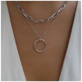Cimenexe Bohemian Layered Circle Choker Necklace Silver Eternity Circle Necklace Geometric Hollow Circle Pendant Necklace Exaggerated Paper Clip Chain Necklace Jewellery for Women and Women