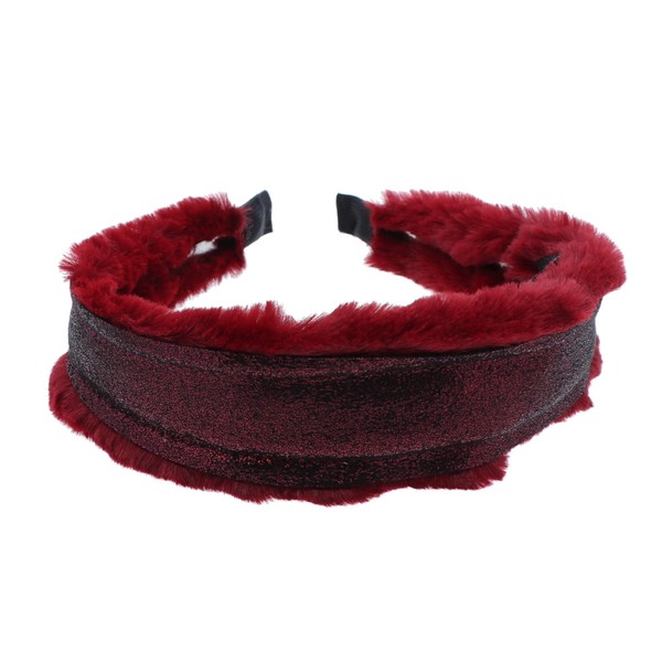 Elegant Holiday Wide Fur Headband With Metallic Sparkly Stripe-Burgundy
