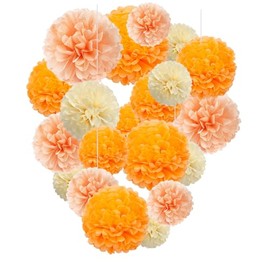 Capesaro Orange Paper Pom Poms - Peach Tissue Pom Poms Decorations for Party Hanging Decoration - Set of 15