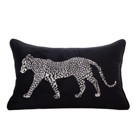 vctops Soft Velvet Embroidery Lumbar Decorative Throw Pillow Covers Leopard Pattern Cushion Case for Sofa Bedroom Couch (Black,12"x20")