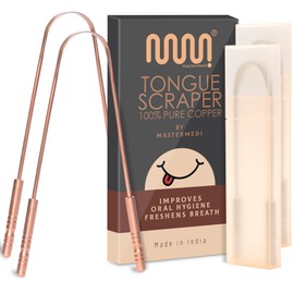 MasterMedi Copper Tongue Scraper with Case (2 Pack) - Natural & Ayurvedic Tongue Scrubber for Bad Breath Treatment - Easy To Use Tongue Cleaner for Adults - 100% Copper Tongue Scraper for Oral Care