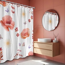 soeeao Coral Watercolor Floral Shower Curtain White and Coral Spring Summer Modern Minimalist Flower Shower Curtains for Bathroom Decor, Waterproof Cloth Fabric with Hooks, 70x72 in