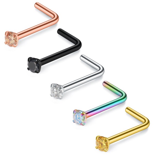 SCERRING 20G 5PCS Mix Color Stainless Steel L-Shape Nose Stud