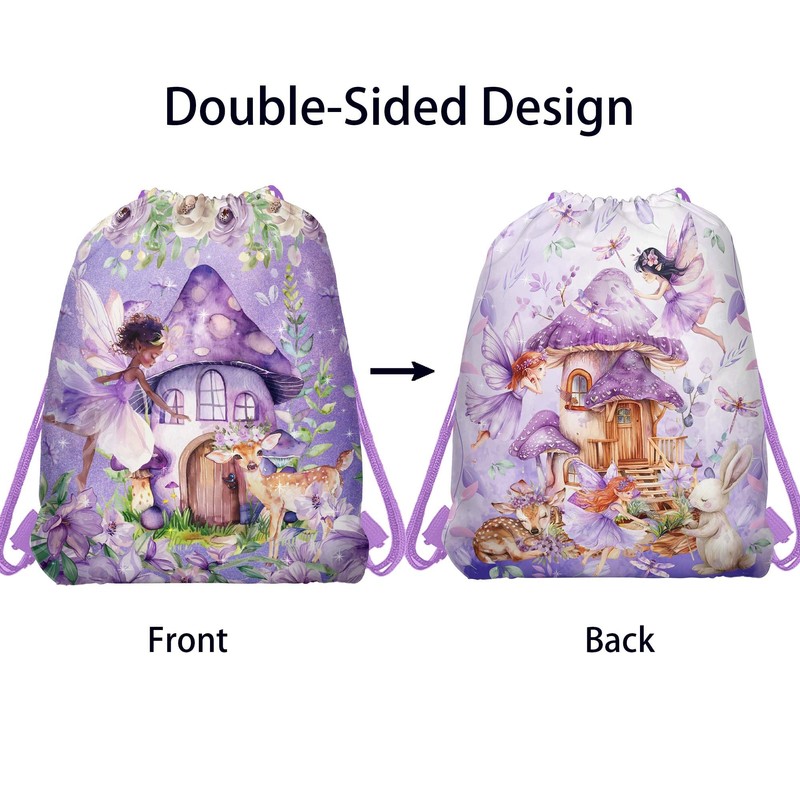 12 Pcs Purple Mushroom House Drawstring Non-Woven Bag Fairy Drawstring