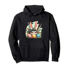 Colorful Easter Eggs Hunt Ninja Cat With Bunny Ears for Kids Pullover Hoodie