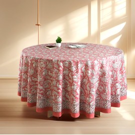 Cotton Print Club Block Print Tablecloth - Round Handmade Printed Cotton Table Cloth - Thanksgiving, Christmas, Fall Wedding Tablecloth - 6 Seater Round-90 Inches
