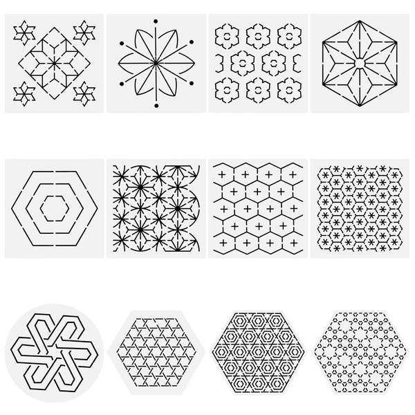 FREEBLOSS 12Pcs Sashiko Stencils Sashiko PET Template Drawing Line Template