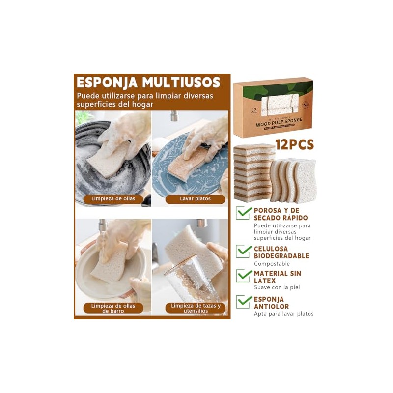 12PCS Esponja para Trastes Naturales, Esponja Trastes EcolóGicas, Esponjas para