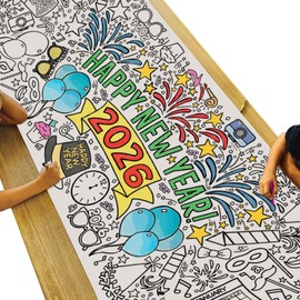 Tiny Expressions New Years Coloring Tablecloth for Kids - Rolled, No Creases 30" x 72" NYE Giant Coloring Poster to Color On - New Years Eve Crafts for Kids 2026