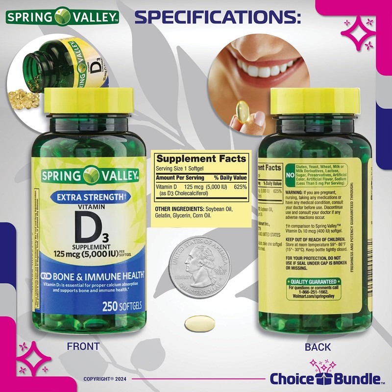 Spring Valley Vitamin D3 Softgels 125 mcg 5000 IU 250