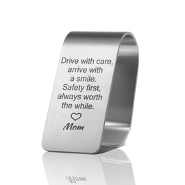 PUVOXHO Drive with Care Arrive with A Smile Engraved Stainless Steel Car Visor Clip, Travels Visor Car Accessories, Reminder to Stay Safe, Teen Driver Gifts for Son Daughter, Sweet 16 Gifts