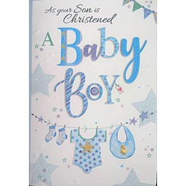 Boy Christening Day Card - As Your Son is Christened with Glitter 7.75x5.25"