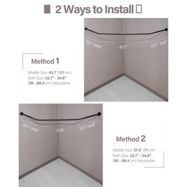 Crkmire Corner Shower Curtain Rod, Diamond Shaped [Both Sides: 22" - 34.8", Middle: 28" - 43.7"] Adjustable Bathroom Bathtub Shower Rod with 12 Hooks & Ceiling Support