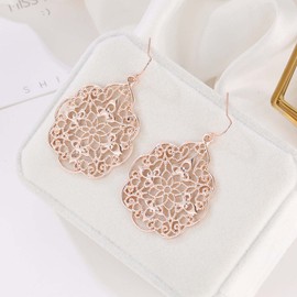 YienDoo Boho Large Filigree Hoop Drop Dangle Earrings Vintage Tribal Hollow Carved Earrings Rose Gold Gypsy Geometric Floral Statement Earrings Wedding Prom Earrings Jewelry for Women and Girls
