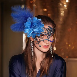 Zinniday Blue Masquerade Masks for Women - 1920s 50s Vintage Feather Mask with Royal Blue Rhinestone Venetian Lace Eyemask for Woman Couples Mardi Gras Costumes Dress Party Wedding Renaissance