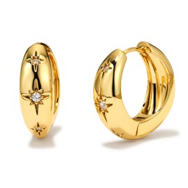 Chunky Gold Hoop Earrings for Women, 18K Gold Plated CZ Star Hoops Huggie Earrings Sterling Silver Post Statement Earrings Jewelry Thick Lightweight Trendy Hoop Earrings for Women Gifts