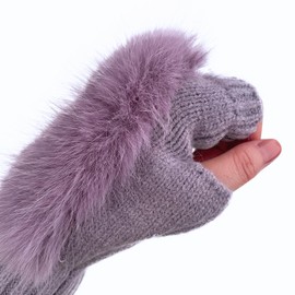 Flammi Women Wool Knit Fingerless Gloves Furry Mittens Wrist Warmers, Lavender