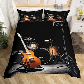 Feelyou Teens Guitar Bedding Set Rock Music Themed Duvet Cover for Kids Adults Musical Pattern Comforter Cover Drum Kit Instruments Bedspread Cover Bedroom Decor Quilt Cover 3Pcs Queen Size