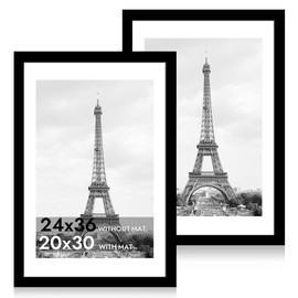 iRahmen 24x36 Poster Frame Set of 2 with Plexiglass, Black Picture Frame Display 20x30 Pictures with Mat or 24 x 36 Without Mat, Wood Photo Frame for Horizontal or Vertical Wall Mounting