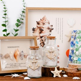 QEQEKAKA 2PCS Coastal & Beach Decor Glass Bottles with Cork & White Sand Rocks and Natural Sea Shells, for Coastal & Beach Room Decor, Home Tabletop & Summer Decorations, Bridal Shower Gifts