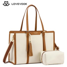 LOVEVOOK 15.6'' Canvas Laptop Tote Bag for Women with Clutch Purse, Lightweight Tote Bag Large Capacity Computer bag, Vegan Leather, Crossbody Bags for Business, Work, Office, Travel, School, Casual:_Beige-Brown(Canvas-Leather edge)_15.6''