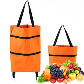 Foldable Shopping Trolley on Wheels, 25kg Heavy-Duty Waterproof Oxford Fabric Collapsible Bag with Silent Wheels, Convertible Hand Carry (Orange)